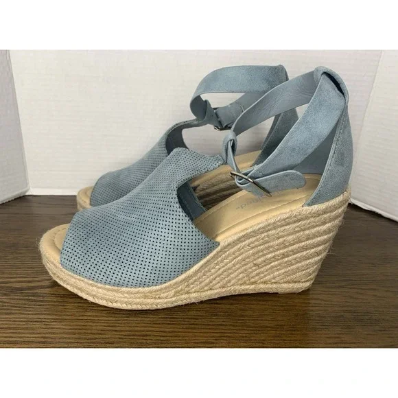 Cityclassified Blue Perforated Suede Espadrille Platform Wedge Sandals - Picture 1 of 7